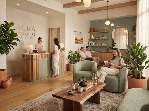 Recepción acogedora y sala de espera con plantas y detalles en madera